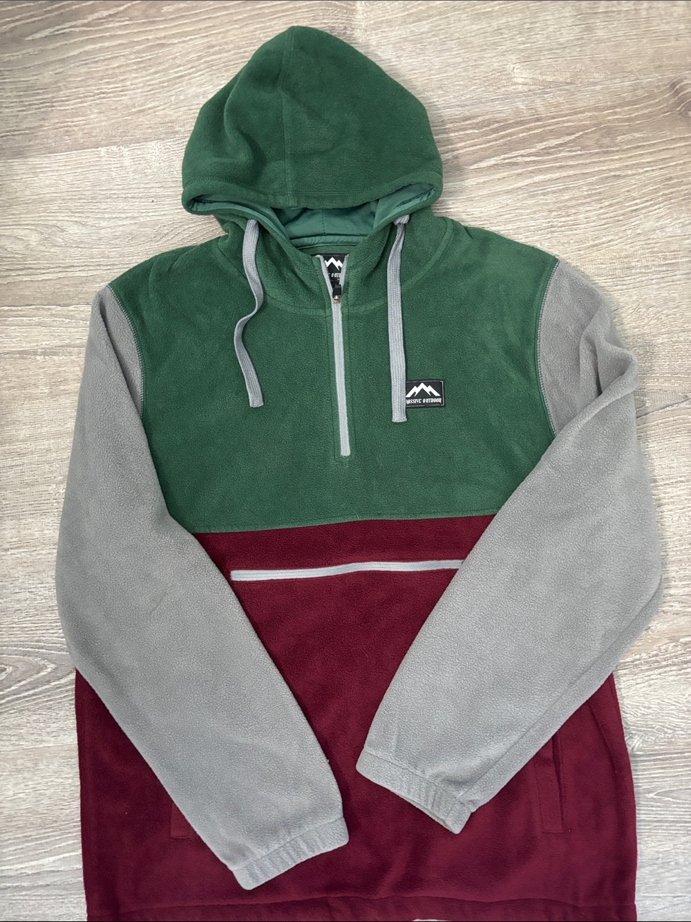 Massive Outdoor XL Pull Over Hooded Fleece Jacket Green Gray Maroon quarter zip